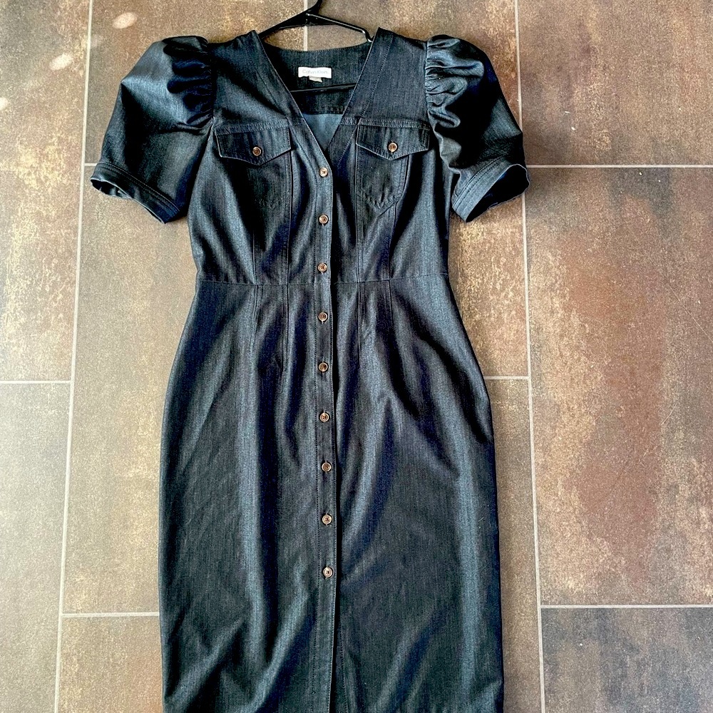 Calvin Klein Puff Sleeve V-Neck Denim Sheath Dress